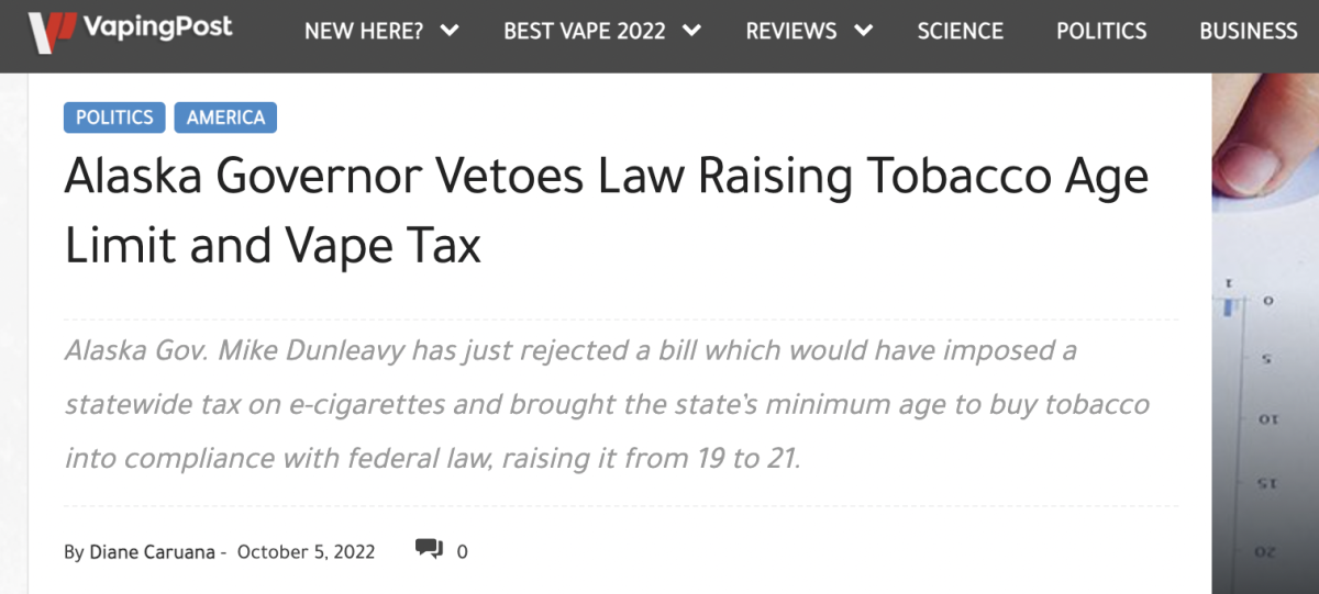 美国阿拉斯加州州长否决提高烟草年龄限制和电子烟税的法律