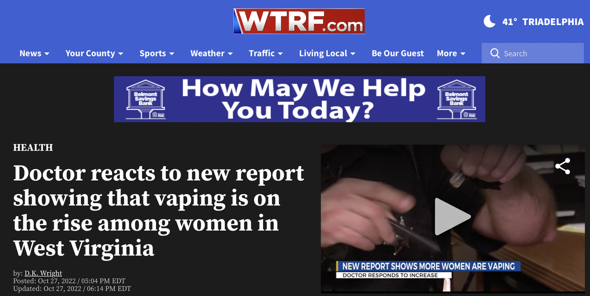 美国健康报告：西弗吉尼亚州女性使用电子烟率上升77%