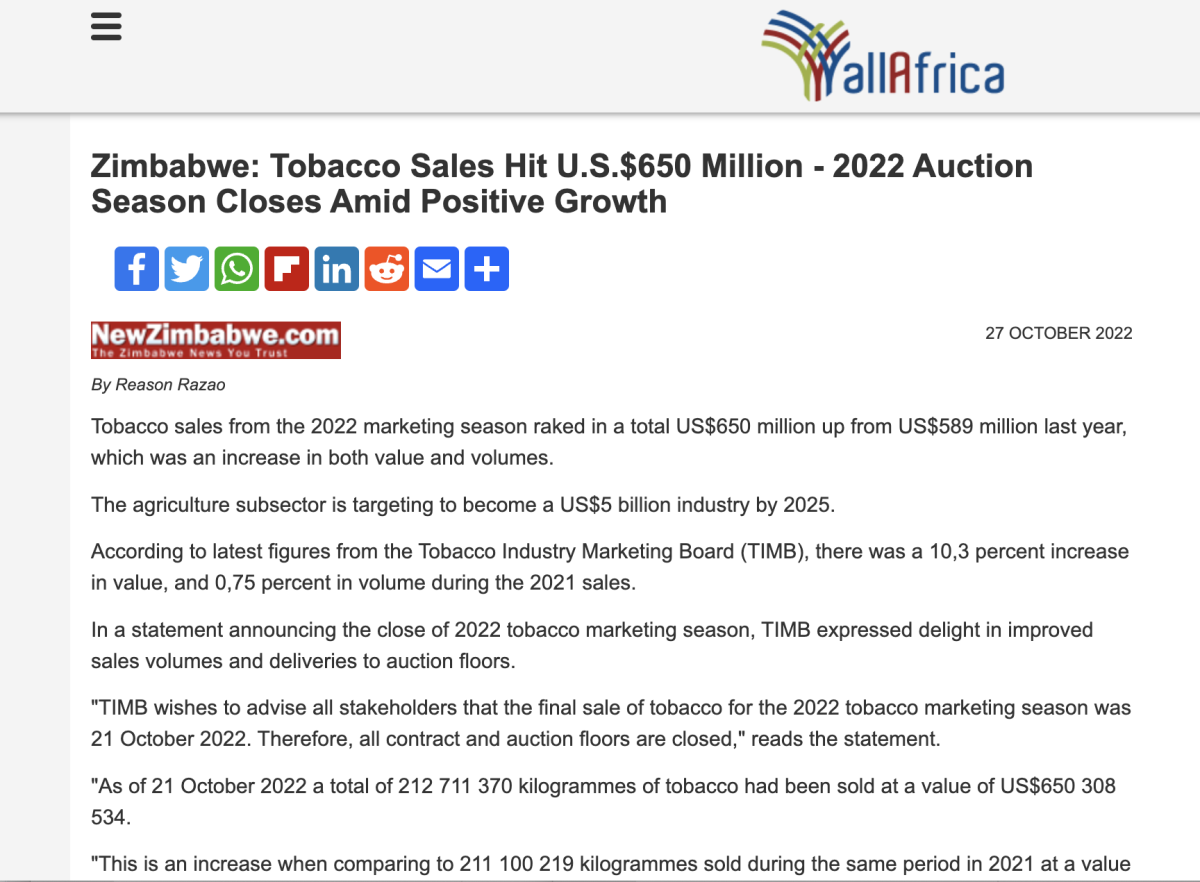 津巴布韦：2022烟草销售额达到 6.5 亿美元