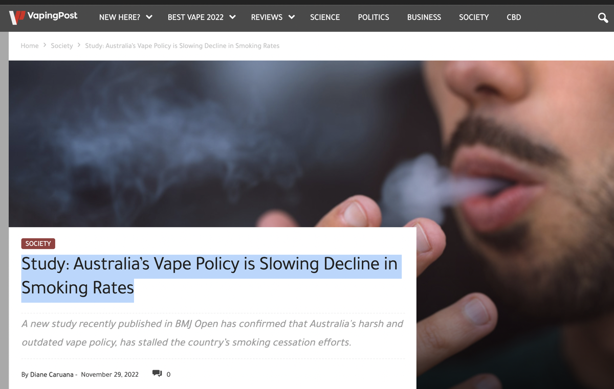 研究：澳大利亚的电子烟政策正在使吸烟率的下降速度减缓