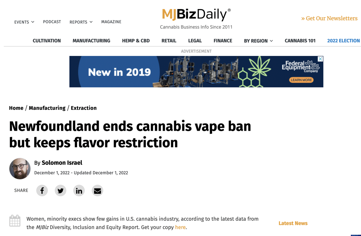 加拿大纽芬兰结束大麻电子烟禁令但保留口味限制