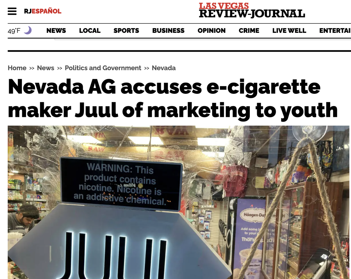 Nevada AG 指控电子烟制造商 Juul 向年轻人营销