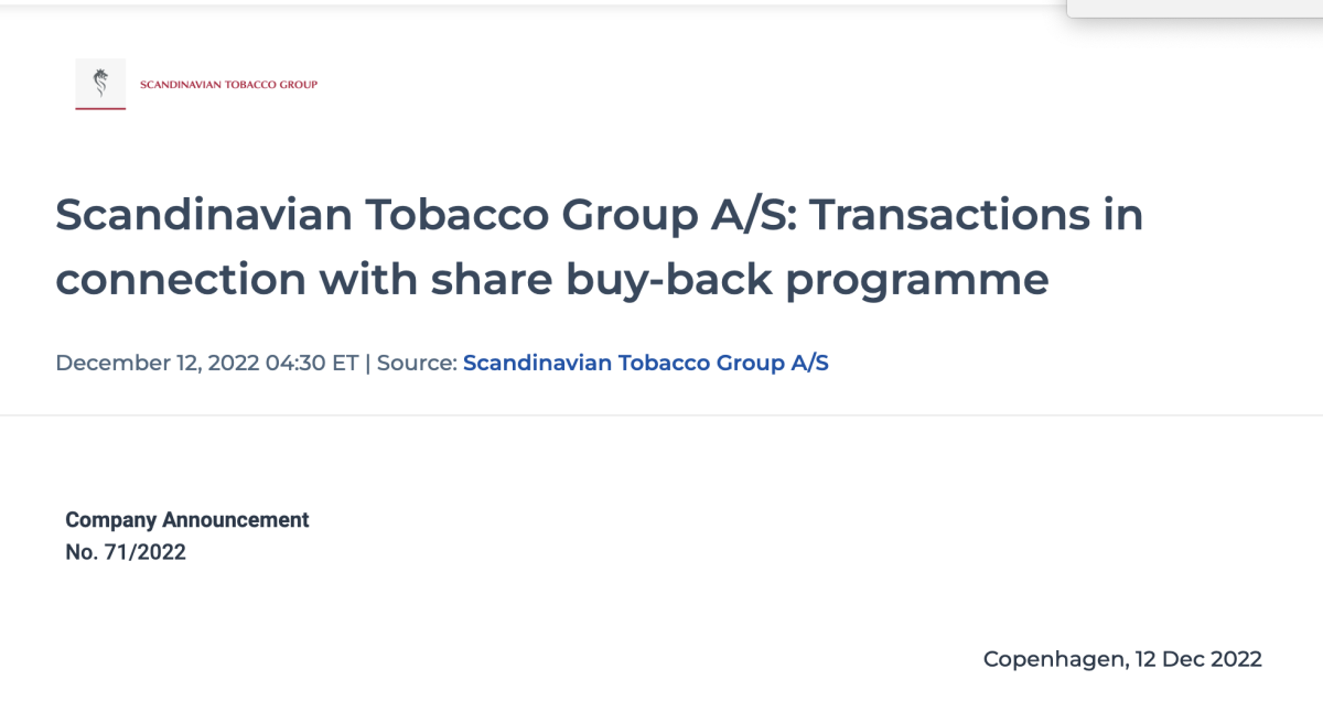 斯堪的纳维亚烟草集团A/S计划增加股票回购至总价值高达 10 亿丹麦克朗