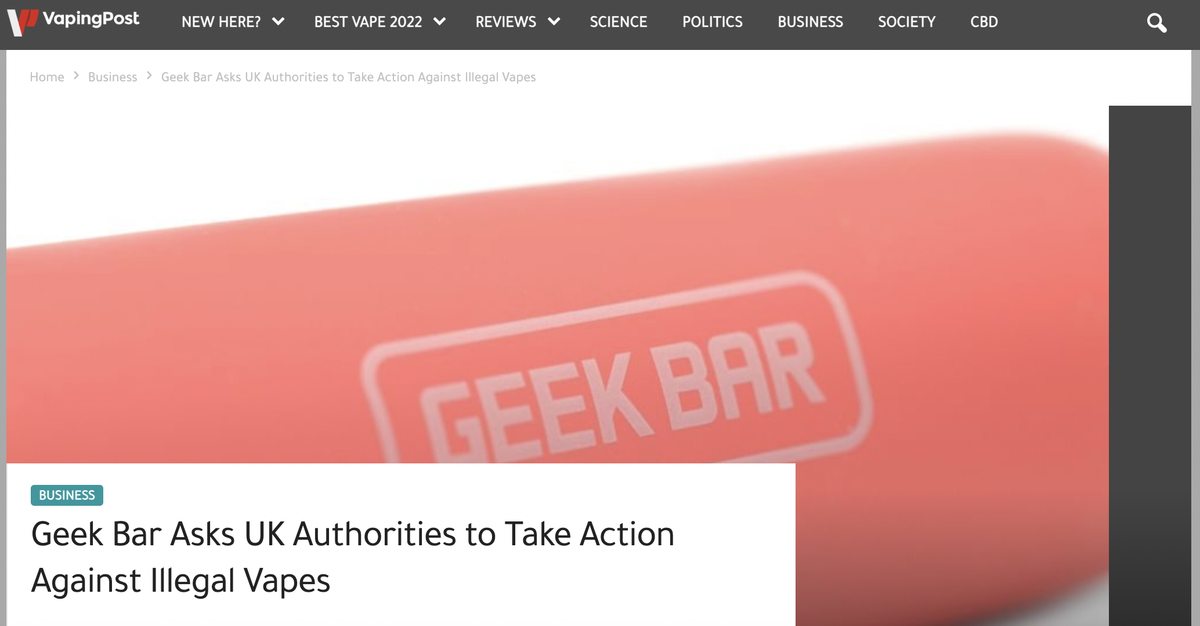 电子烟品牌Geek Bar 要求英国打击非法电子烟