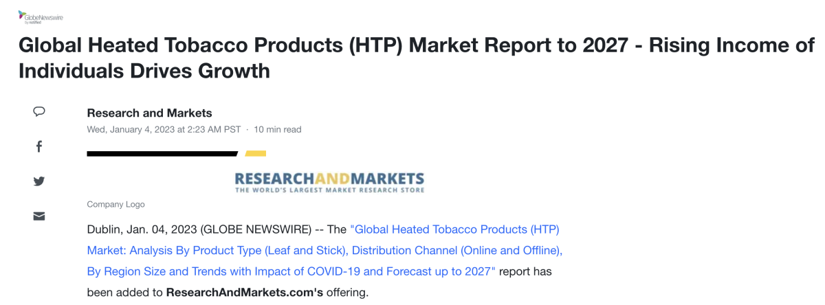 全球加热烟草产品市场2027年将增长至79.7亿美元