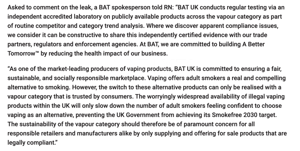 英美烟草回应两个至上：在英国送检一次性电子烟确有其事