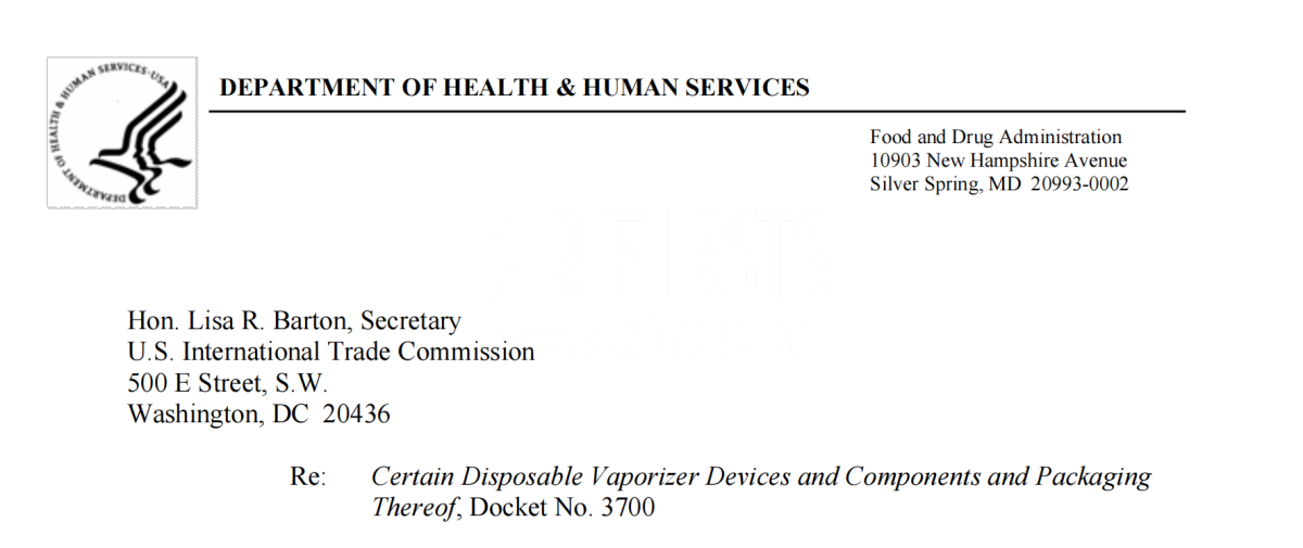 美国FDA致信ITC：雷诺无权要求ITC对电子烟企业进行337调查