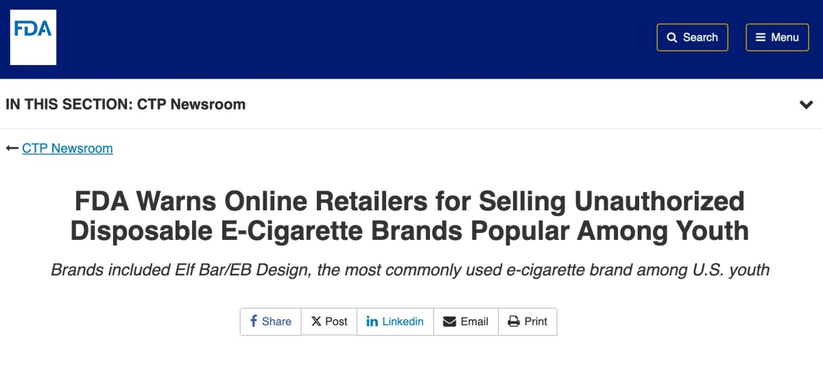 FDA发出警告信 督促14家在线零售商停售未授权电子烟产品