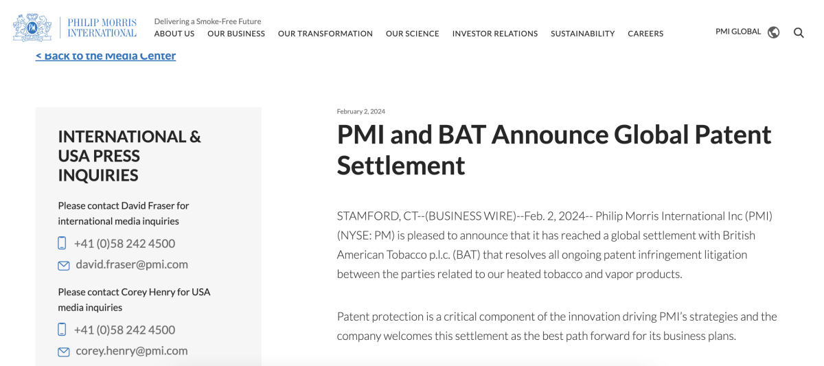 PMI与BAT停止专利战 全球和解