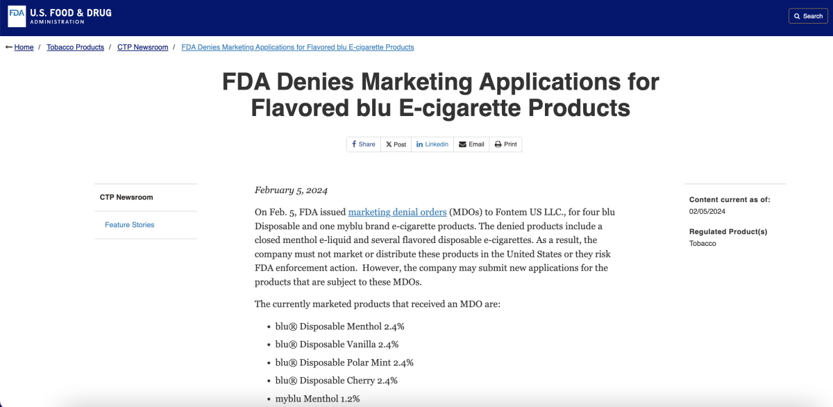 FDA向四款blu和一款myblu品牌电子烟发布营销拒绝令