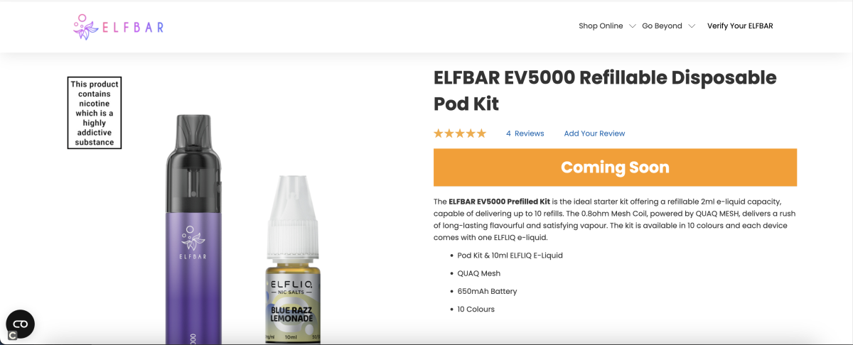 ELFBAR在英国推出可重复注油式电子烟EV5000 售价12.99英镑