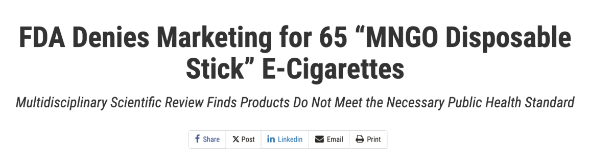 美国FDA对深圳绎柏科技65款电子烟下发营销拒绝令 无味产品实含调味剂