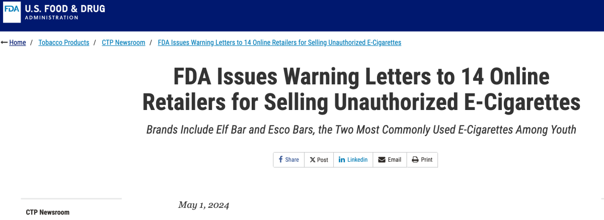 美国FDA向14家在线零售商发出警告信 指控未经授权的电子烟产品