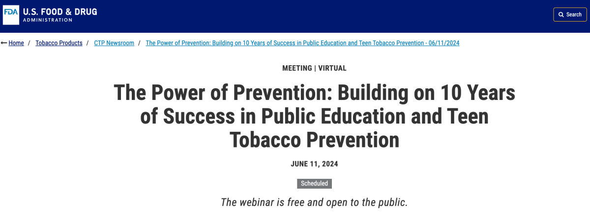 美国FDA将于6月11日举办免费网络研讨会 探讨青少年烟草预防