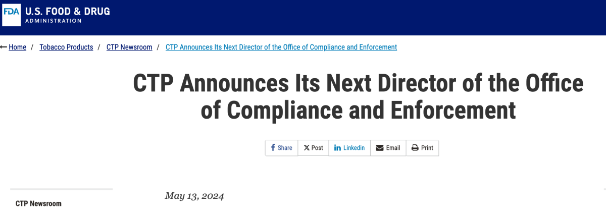 美国FDA宣布新一任CTP合规监管办公室主任