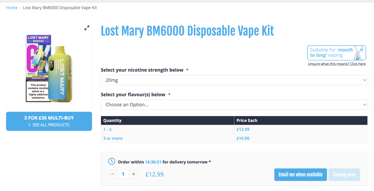 LOST MARY将在英国推出6000口一次性电子烟 采用“换仓式”设计
