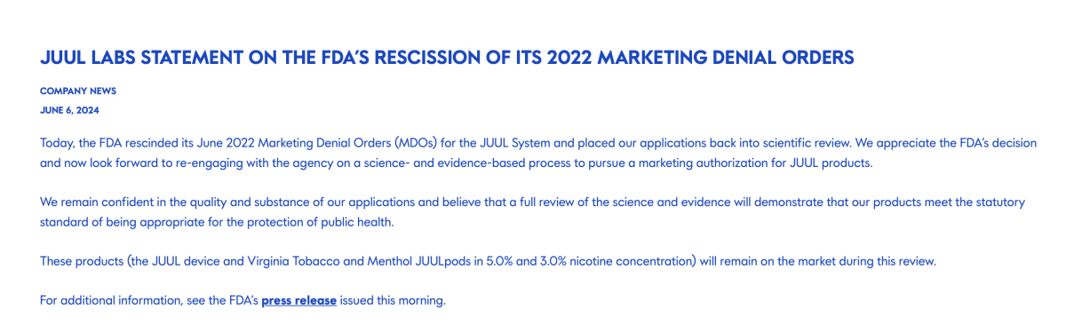 JUUL声明：FDA已撤销对其的销售拒绝令 部分产品在审查期间将继续销售