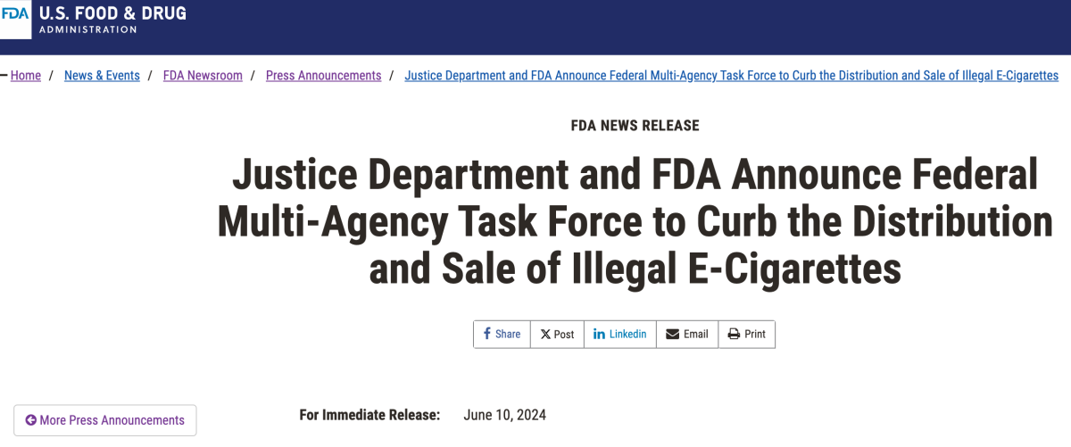美国FDA：与司法部合作成立联邦多机构工作组 以打击非法电子烟销售