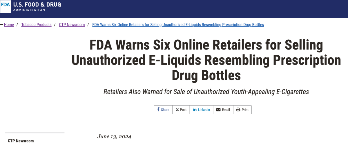 美国FDA：警告六家电商销售Bad Drip、HQD和Funky Republic等未授权产品