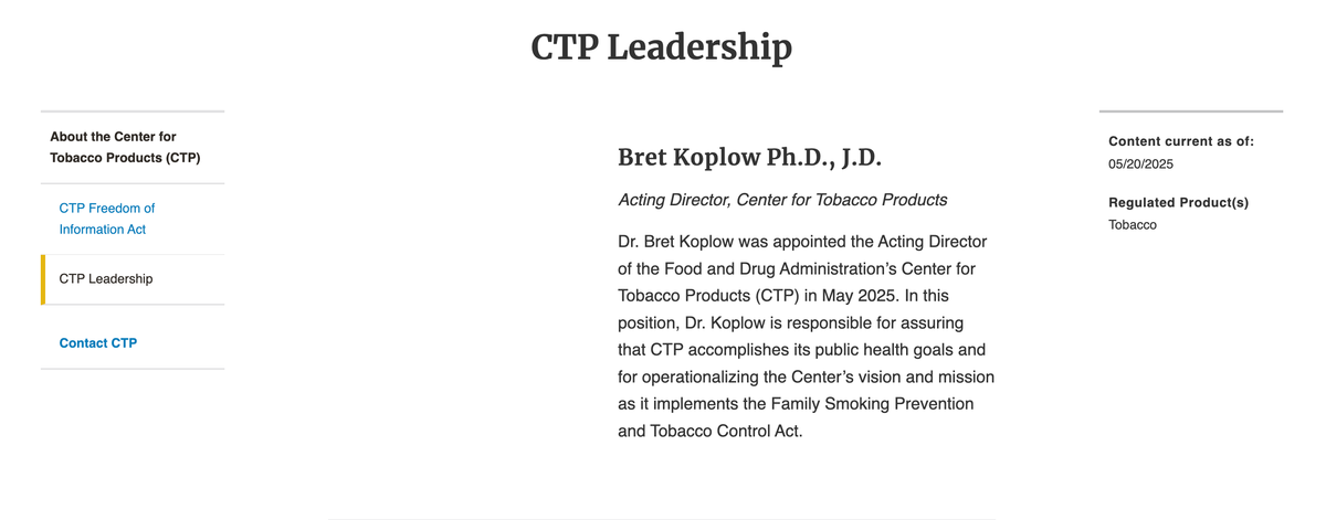 美国FDA任命Bret Koplow为烟草制品中心代理主任