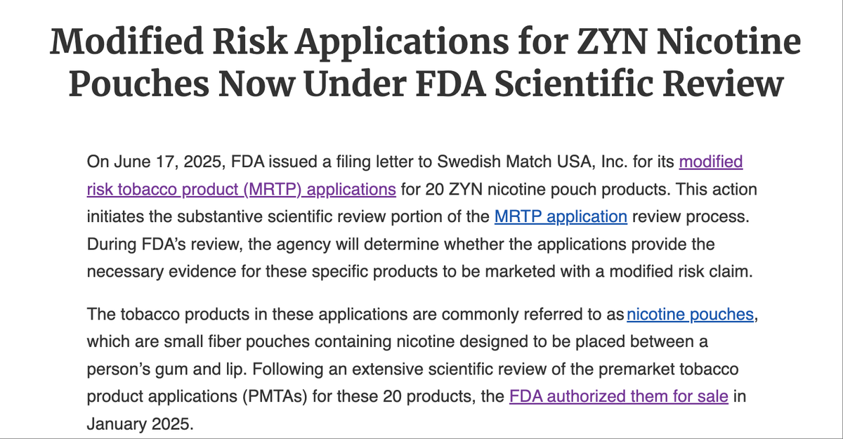 Modified Risk Applications for ZYN Nicotine Pouches Now Under FDA Scientific Review